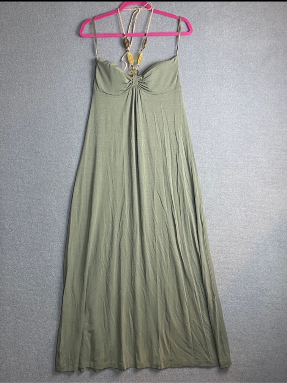 Tommy Bahama Olive Green beaded Halter Maxi Dress - Sleeveless Tie Neck size M